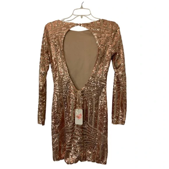 Latiste Sequin Rose Gold Dress Size Small Open Back Long Sleeve Glam Party Fairy - Picture 5 of 6